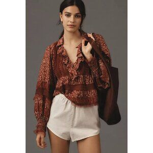 Anthropologie Ruffled V-Neck Popover Blouse Red Motif Size Large